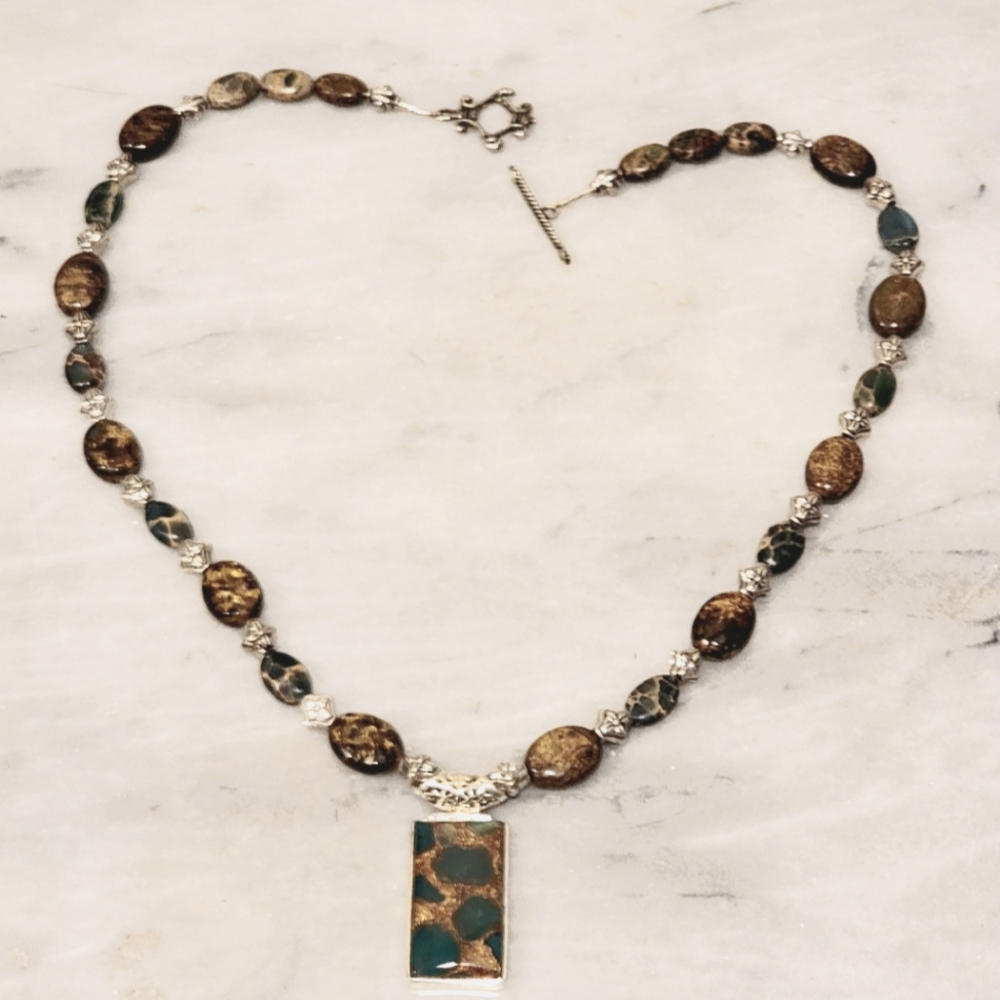 Bronzite Green Onyx Sterling Pendant Necklace 21" - Picture 2 of 7